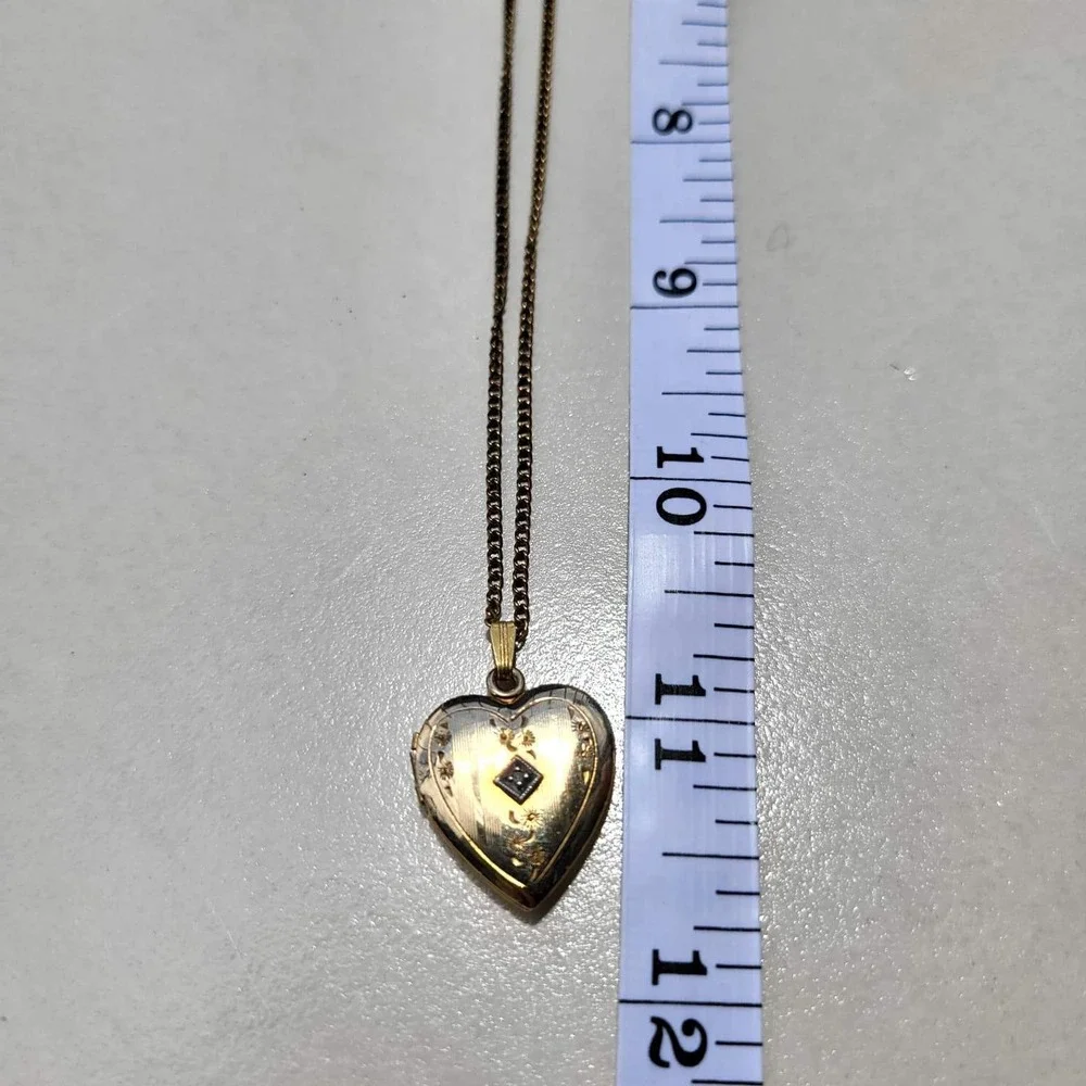 12K Gold Filled Diamond Heart Locket Necklace Vintage Etched Floral - Picture 10 of 10